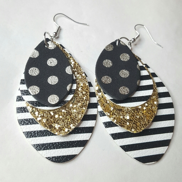 Polka Dot Glitter Stripe Faux Leather Earrings - Picture 1 of 4